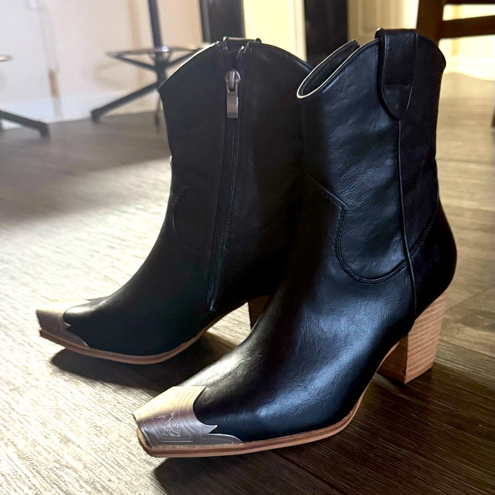 Women’s Black Leather Ankle Boots with Silver Toe Accent